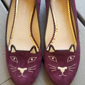 Charlotte Olympia Burgundy Cat Flats  Size 38